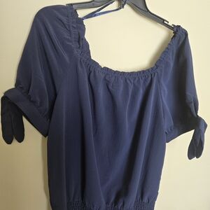 Michael Kors Navy Off-Shoulder Tie-Sleeve Peasant Blouse